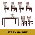 Kamila Dining Set with Table & Chairs 1+6 in Solid Wood Natural Marble Top Cherry/Walnut