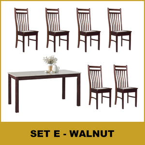 Kamila Dining Set with Table & Chairs 1+6 in Solid Wood Natural Marble Top Cherry/Walnut