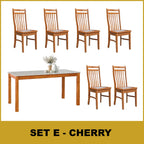 Kamila Dining Set with Table & Chairs 1+6 in Solid Wood Natural Marble Top Cherry/Walnut
