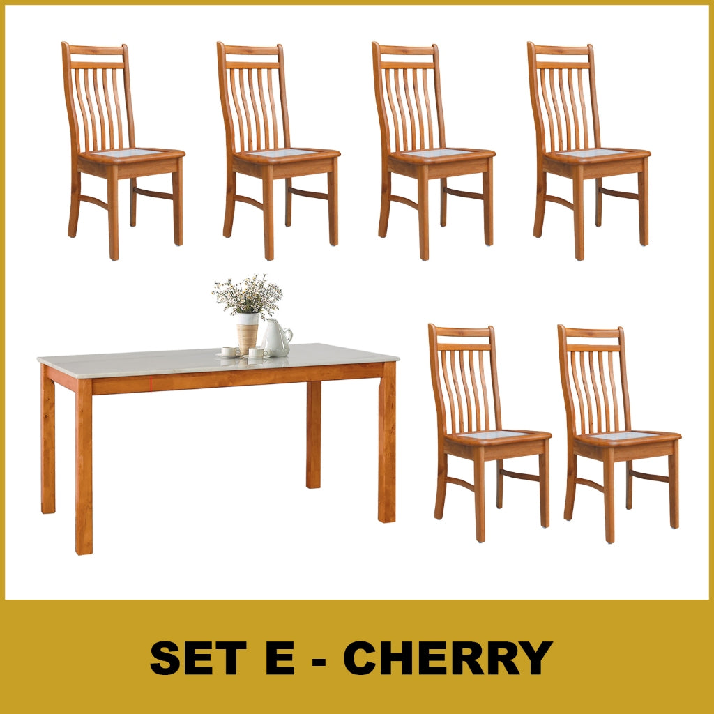 Kamila Dining Set with Table & Chairs 1+6 in Solid Wood Natural Marble Top Cherry/Walnut