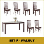 Kamila Dining Set with Table & Chairs 1+6 in Solid Wood Natural Marble Top Cherry/Walnut