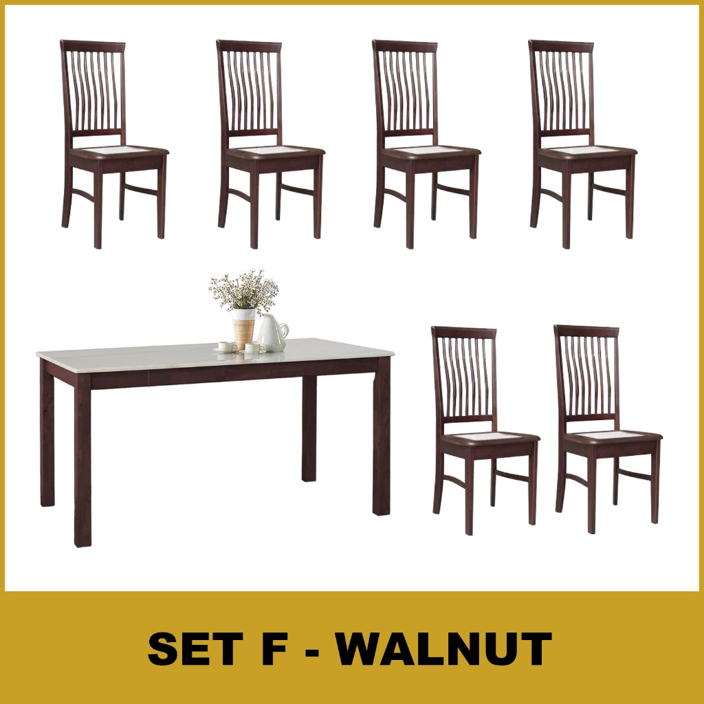 Kamila Dining Set with Table & Chairs 1+6 in Solid Wood Natural Marble Top Cherry/Walnut