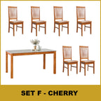 Kamila Dining Set with Table & Chairs 1+6 in Solid Wood Natural Marble Top Cherry/Walnut