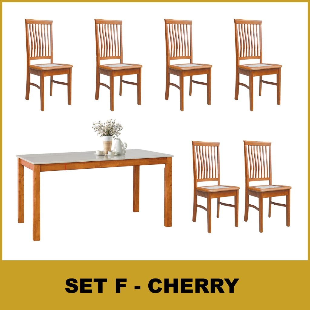 Kamila Dining Set with Table & Chairs 1+6 in Solid Wood Natural Marble Top Cherry/Walnut
