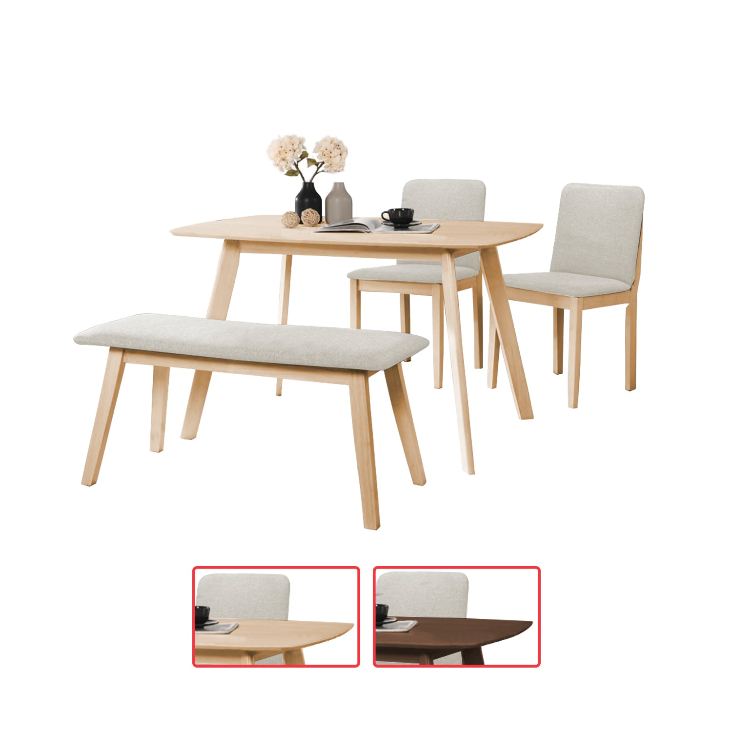 OGIVE Dining Set Table with Chair & Bench Pet-Friendly Fabric in Natural & Walnut Color