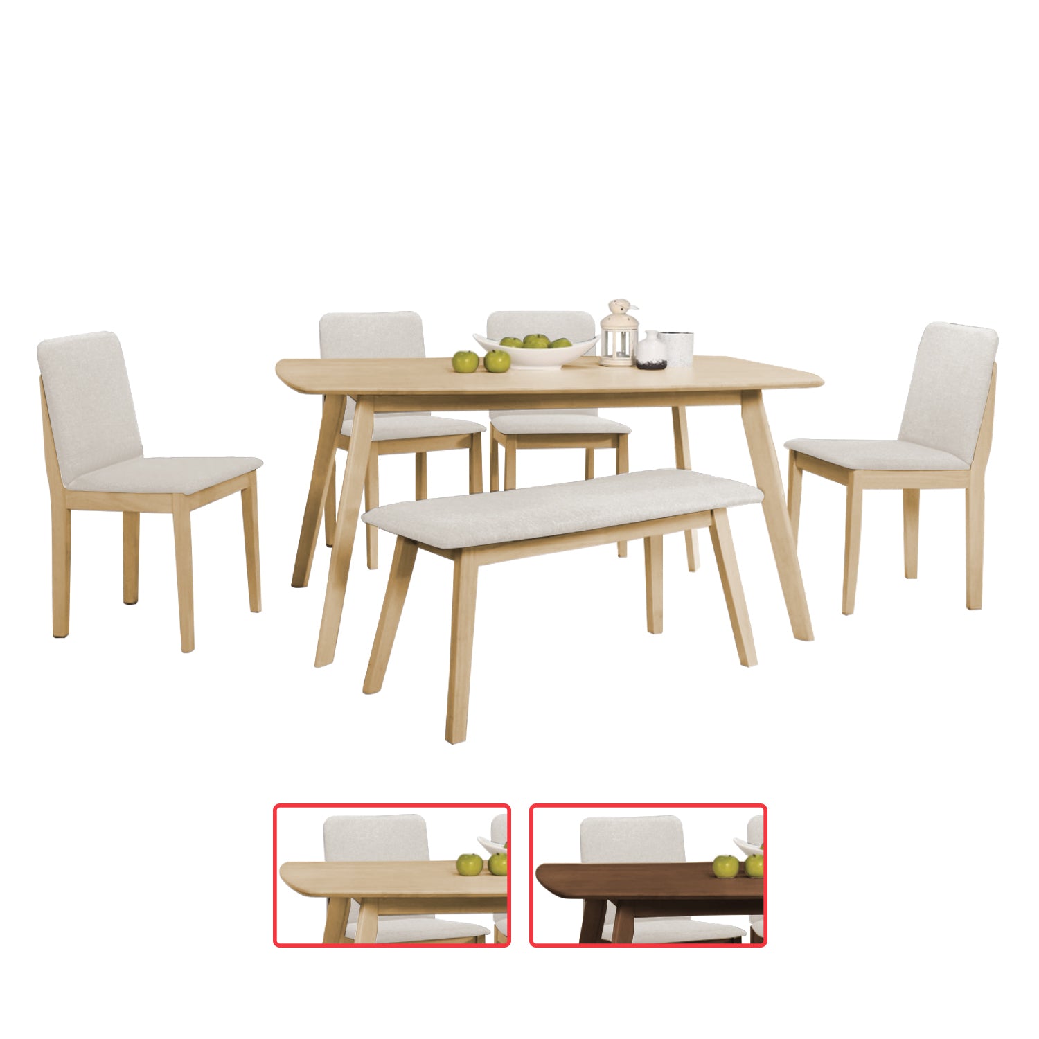 OGIVE 1+4 Dining Set Table with Chair & Bench Pet-Friendly Fabric in Natural & Walnut Color
