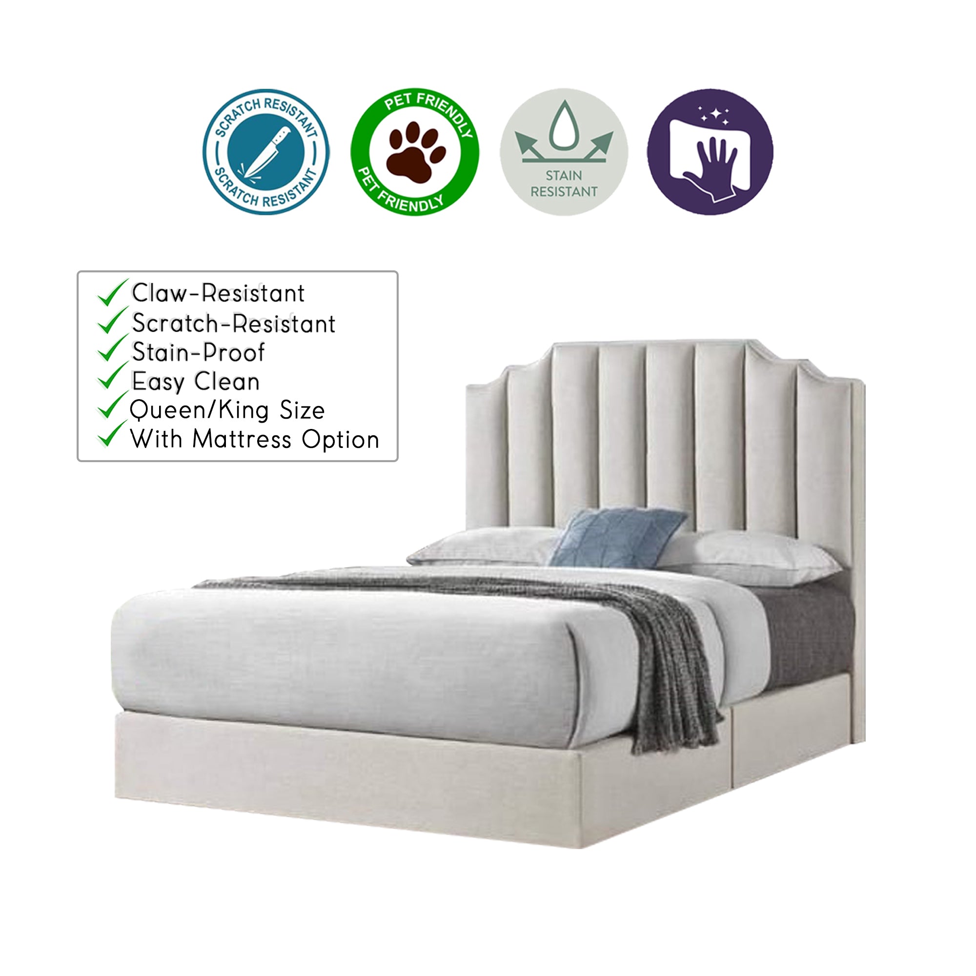 OrthoCoil Rhoda Queen/King Divan Bedframe Pet-Friendly Scratch-Resistant Fabric With Mattress Add-On Options