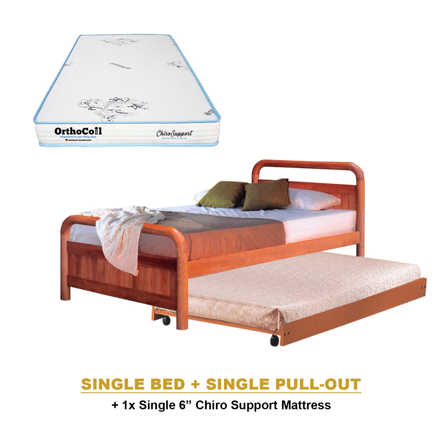 Nimfa Pull-Out Bed Single/Super Single Solid Rubberwood BedFrame w/ Mattress Option