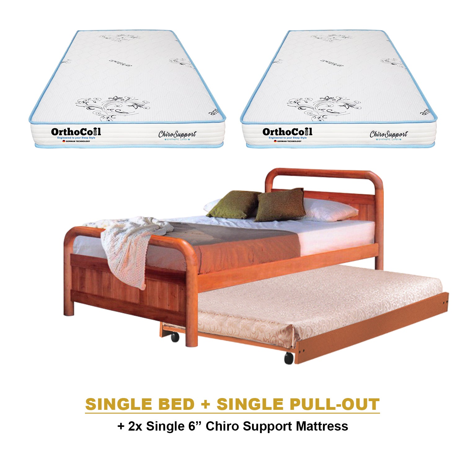 Nimfa Pull-Out Bed Single/Super Single Solid Rubberwood BedFrame w/ Mattress Option