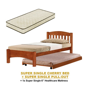 Zelan Pull-Out Bed Single, Super Single Solid Rubberwood Bed Frame w/ Mattress Option