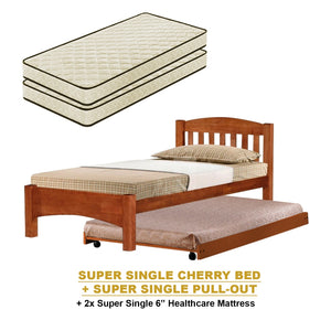 Zelan Pull-Out Bed Single, Super Single Solid Rubberwood Bed Frame w/ Mattress Option