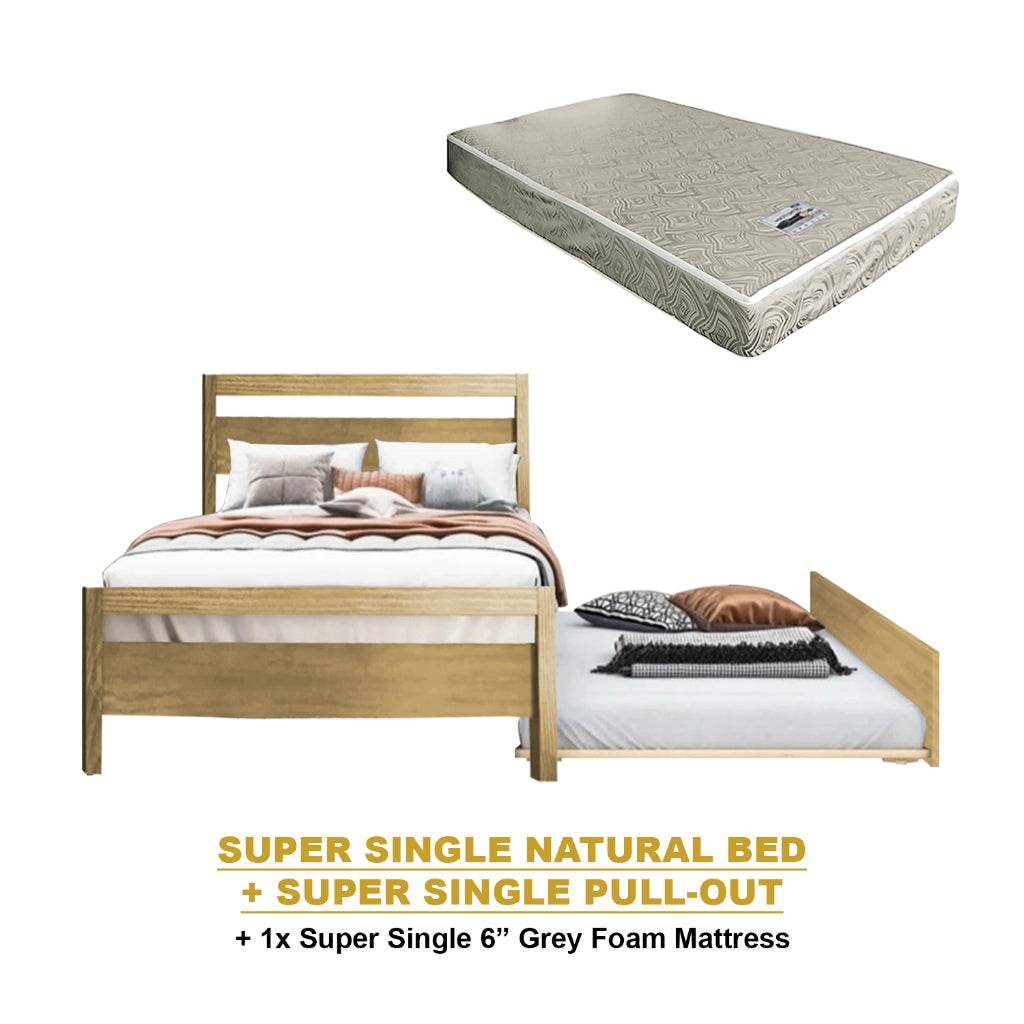 Vinna Pull-Out Bed Single/Super Single Solid Rubberwood Bed Frame w/ Mattress Option