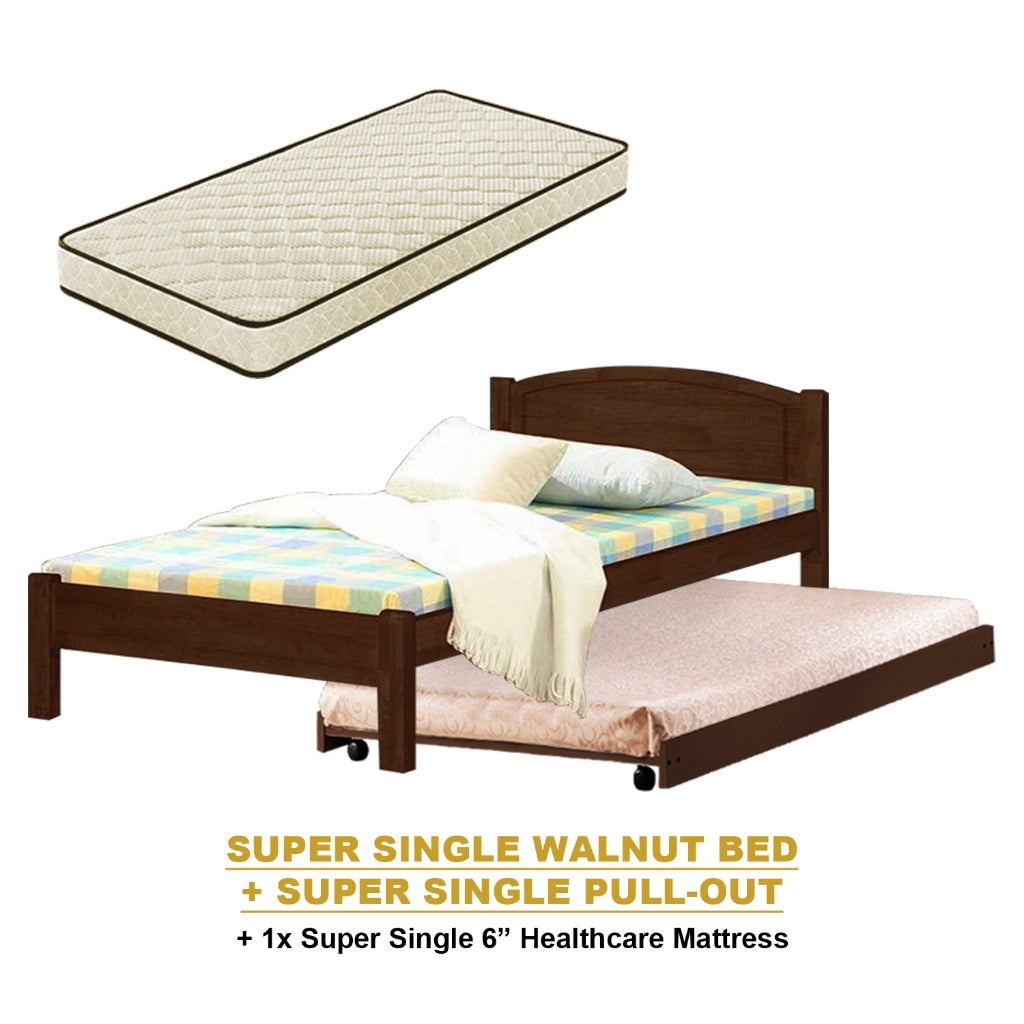 Yanny Pull-Out Bed Single, Super Single Solid Rubberwood Bed Frame w/ Mattress Option