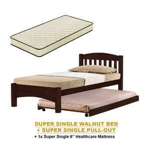 Zelan Pull-Out Bed Single, Super Single Solid Rubberwood Bed Frame w/ Mattress Option