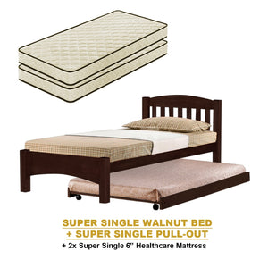 Zelan Pull-Out Bed Single, Super Single Solid Rubberwood Bed Frame w/ Mattress Option