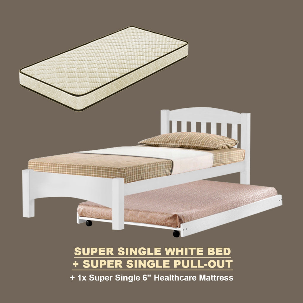 Zelan Pull-Out Bed Single, Super Single Solid Rubberwood Bed Frame w/ Mattress Option