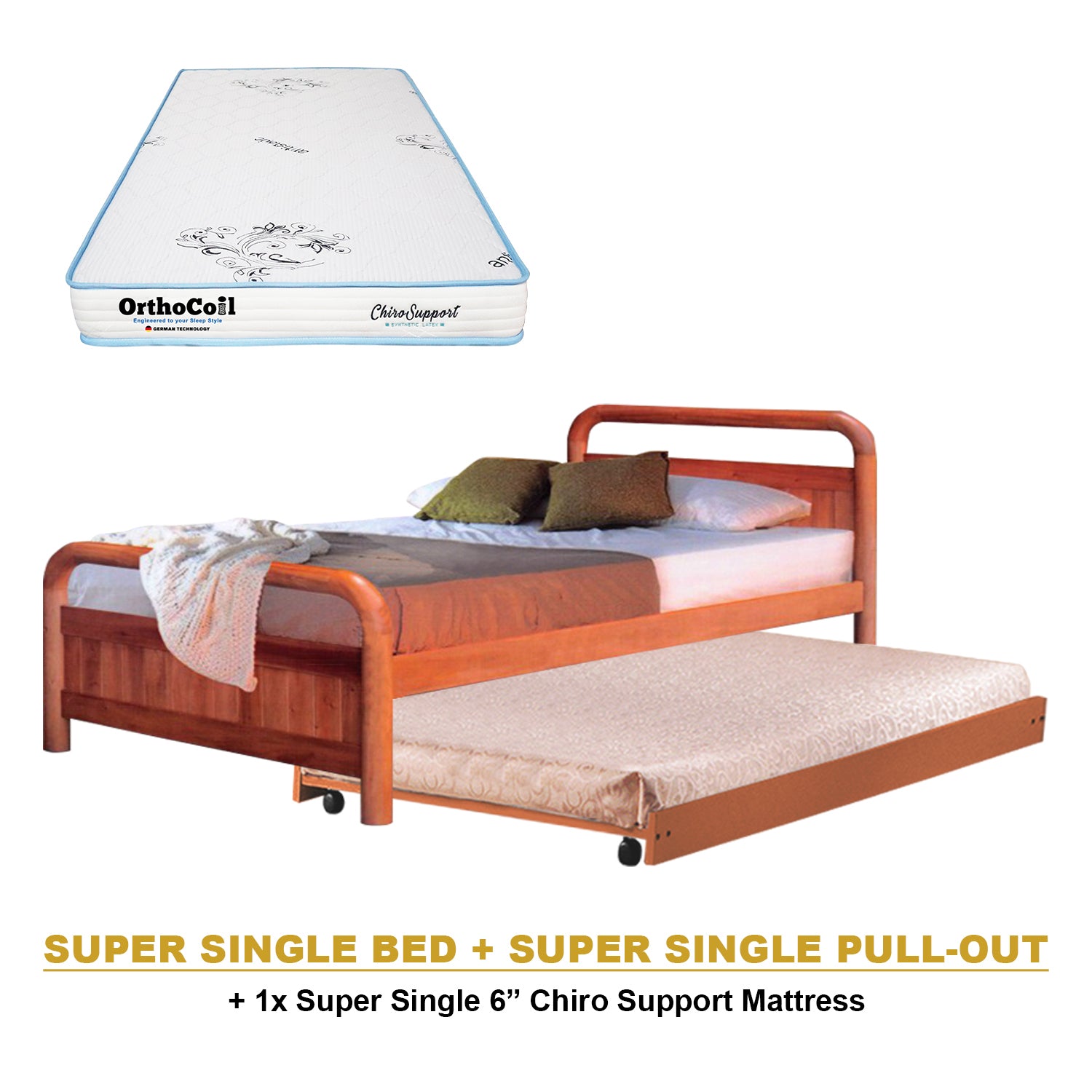 Nimfa Pull-Out Bed Single/Super Single Solid Rubberwood BedFrame w/ Mattress Option