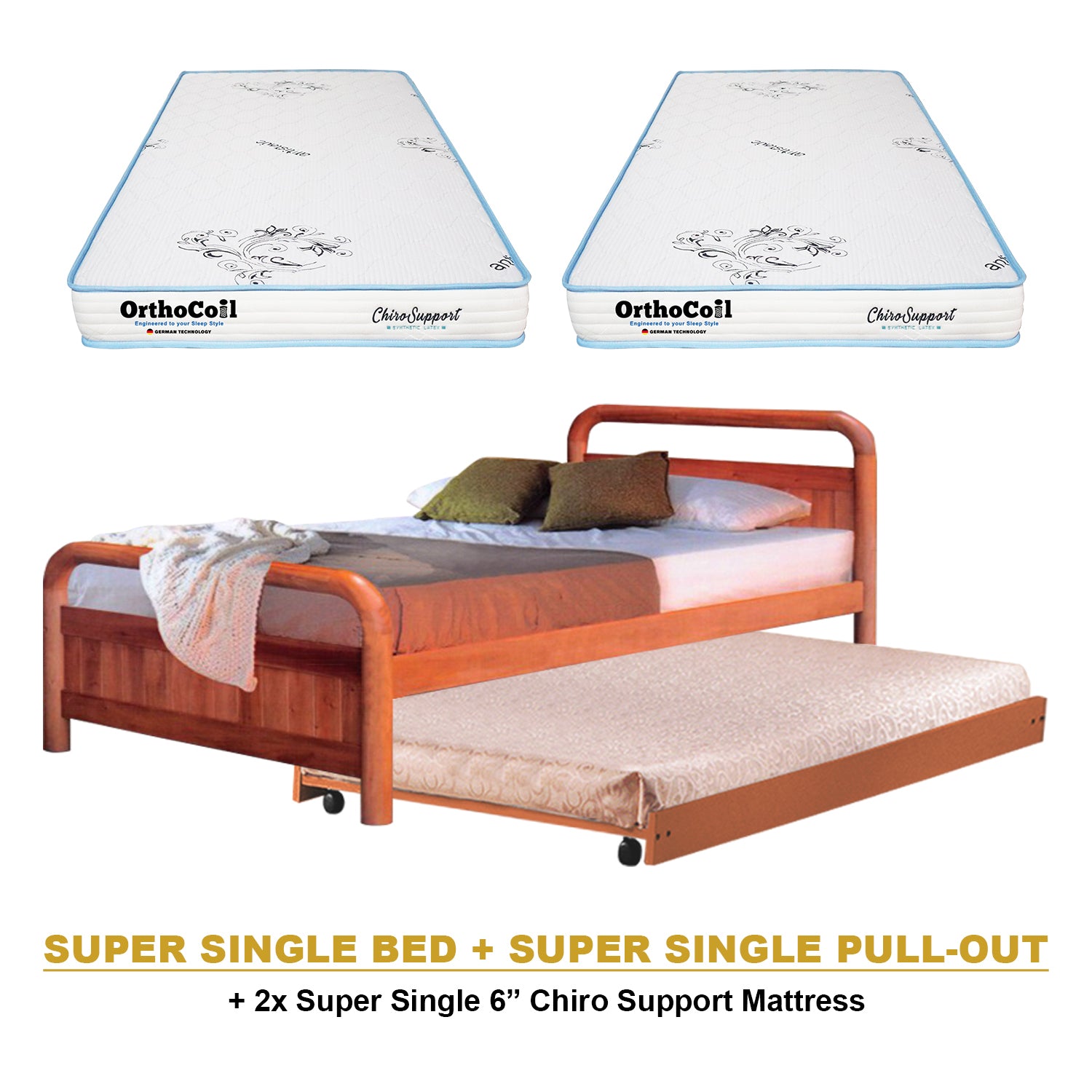 Nimfa Pull-Out Bed Single/Super Single Solid Rubberwood BedFrame w/ Mattress Option