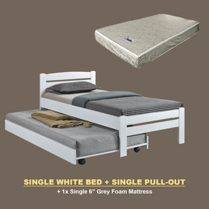 Margy Single Size Solid Rubberwood Bed Frame Flat Plywood Base with Pull-out Bed w/ Mattress Option