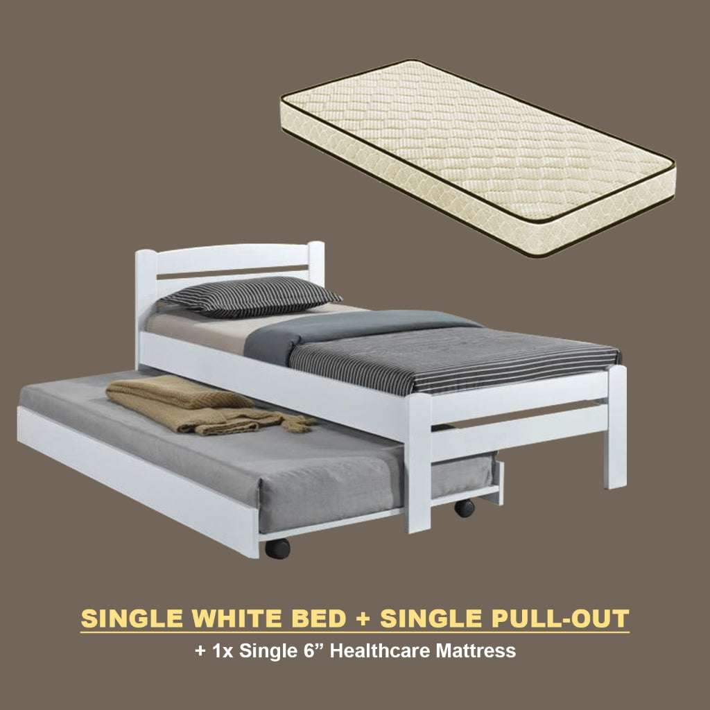 Margy Single Size Solid Rubberwood Bed Frame Flat Plywood Base with Pull-out Bed w/ Mattress Option