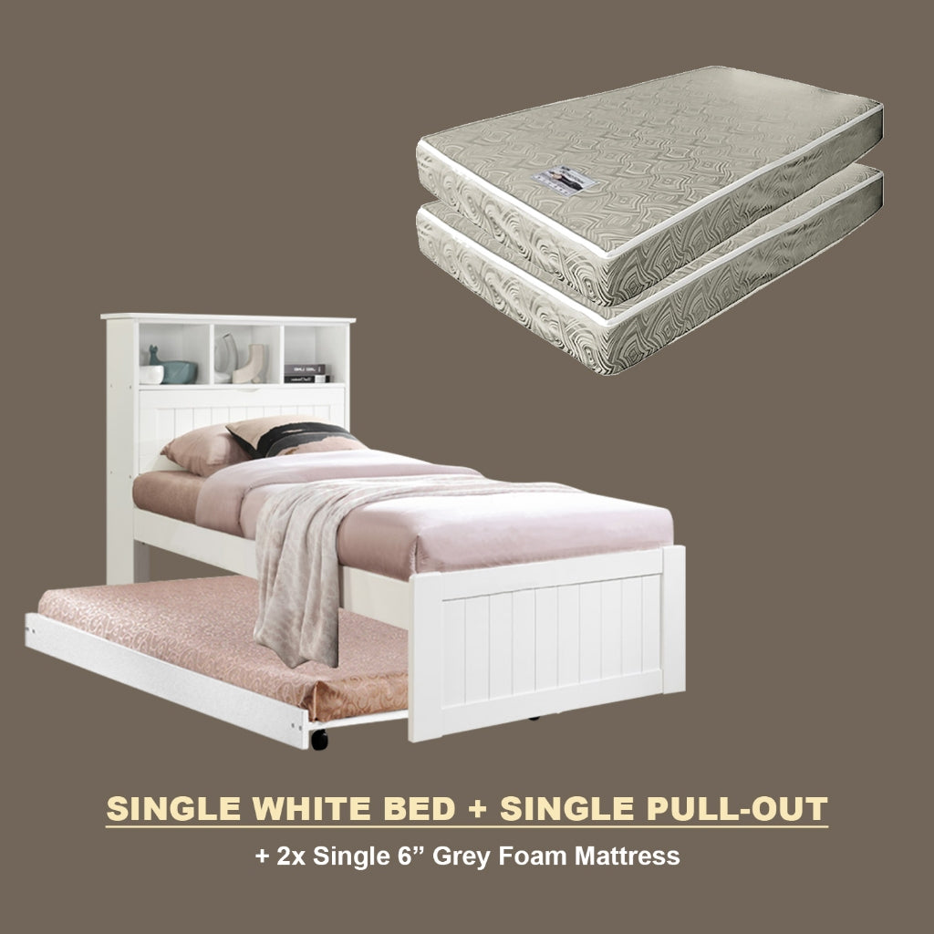 Maria Pull-Out Bed Single, Super Single Solid Rubberwood Bed Frame w/ Mattress Option