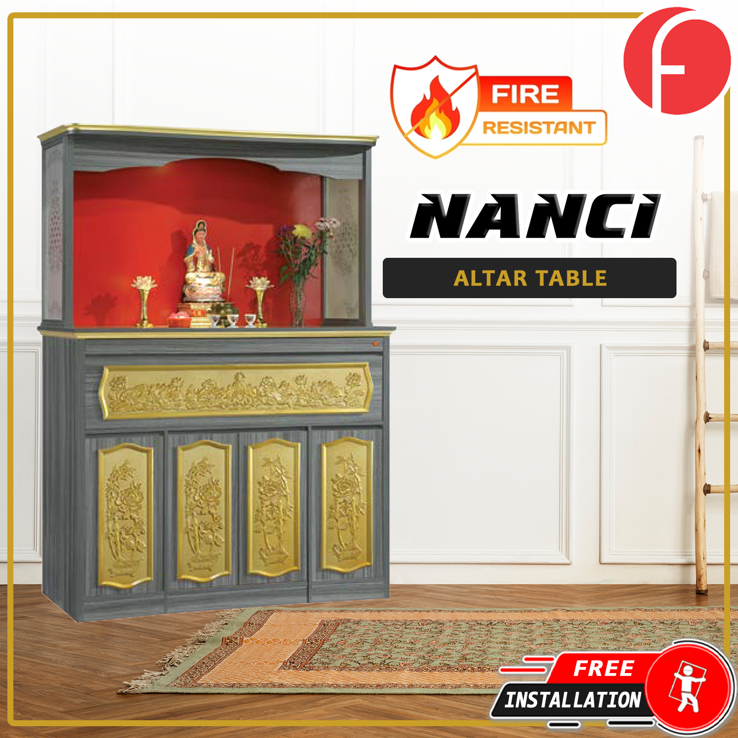 Nanci Oriental Altar Table with Top Altar Cabinet Fire Resistant Altar Cabinet