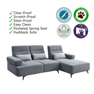 Puffie Pet-Friendly L-shaped Pushback Sofa Pocketed Spring Seat in Grey Colour