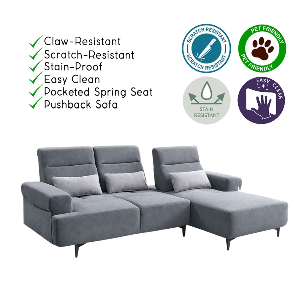 Puffie Pet-Friendly L-shaped Pushback Sofa Pocketed Spring Seat in Grey Colour