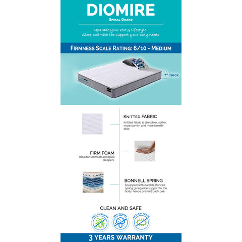 Diomire Spinal Guard Bonnell Spring Mattress - 7" Mattress In Single, Super Single, Queen and King Size