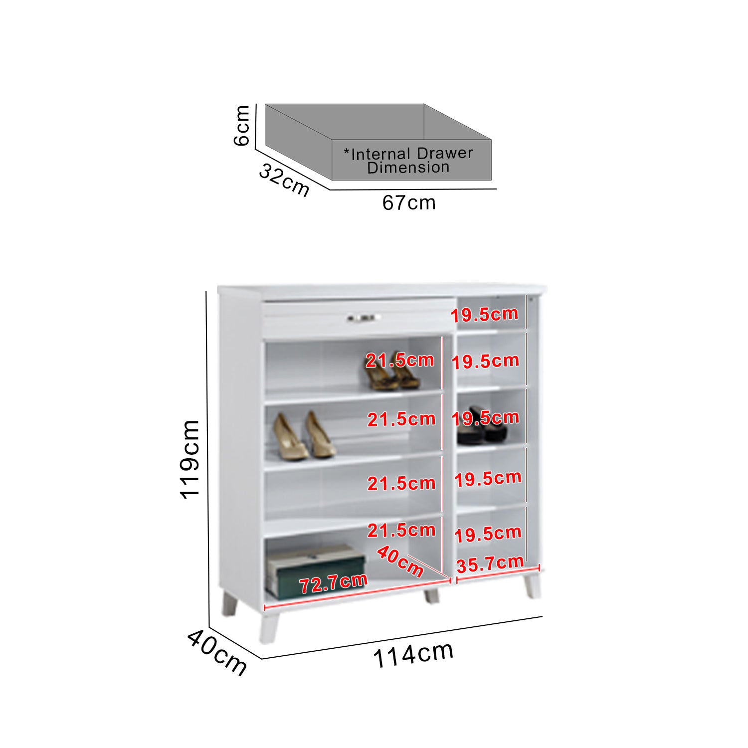 Peony Shoe Cabinet in 3-Door 9 Layers Shelves and 1 Drawer in White Colour