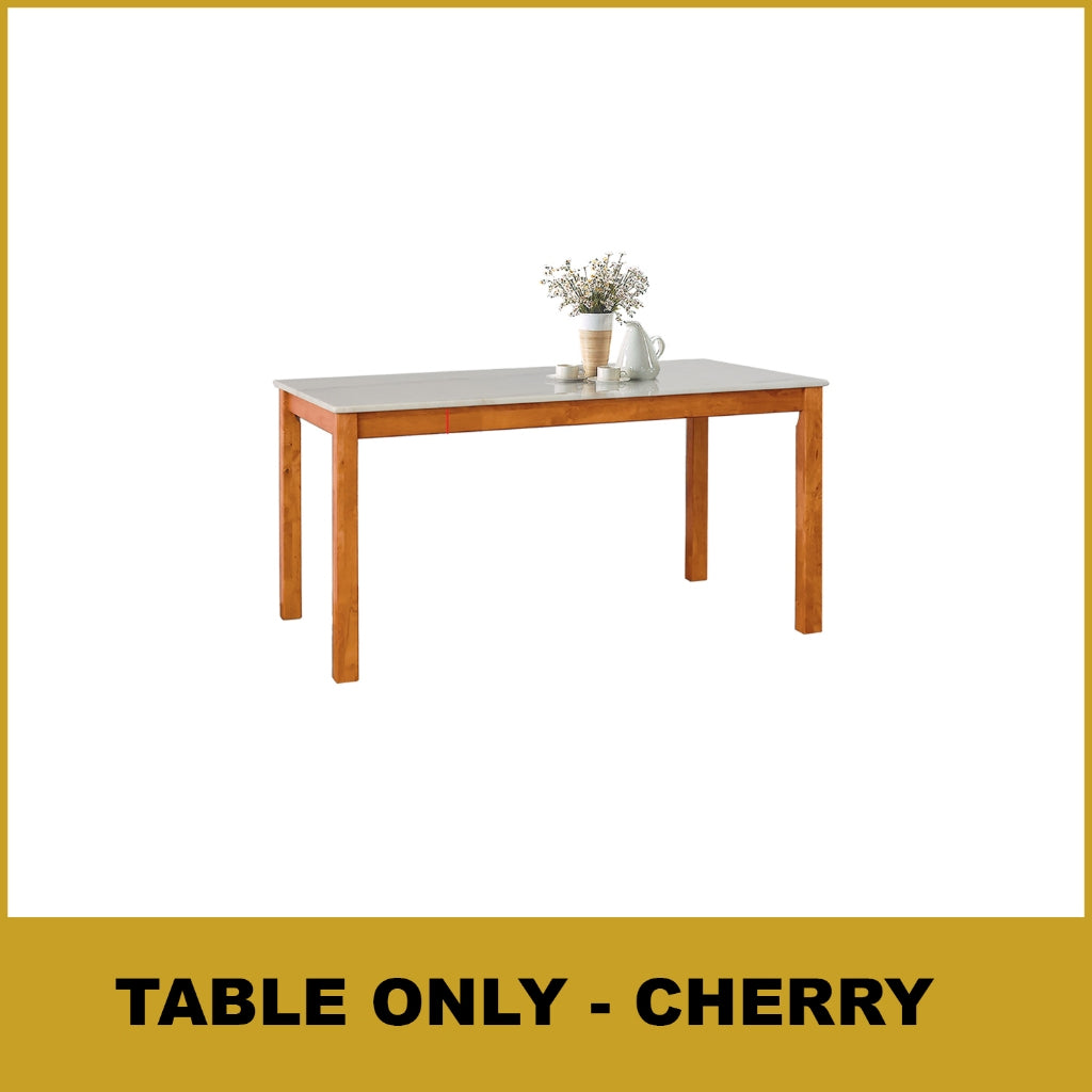 Kamila Dining Set with Table & Chairs 1+6 in Solid Wood Natural Marble Top Cherry/Walnut