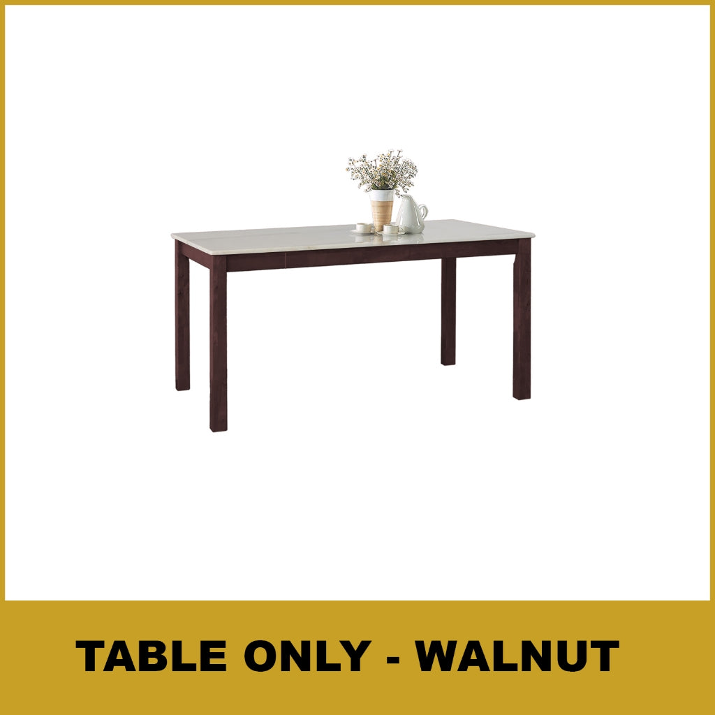 Kamila Dining Set with Table & Chairs 1+6 in Solid Wood Natural Marble Top Cherry/Walnut