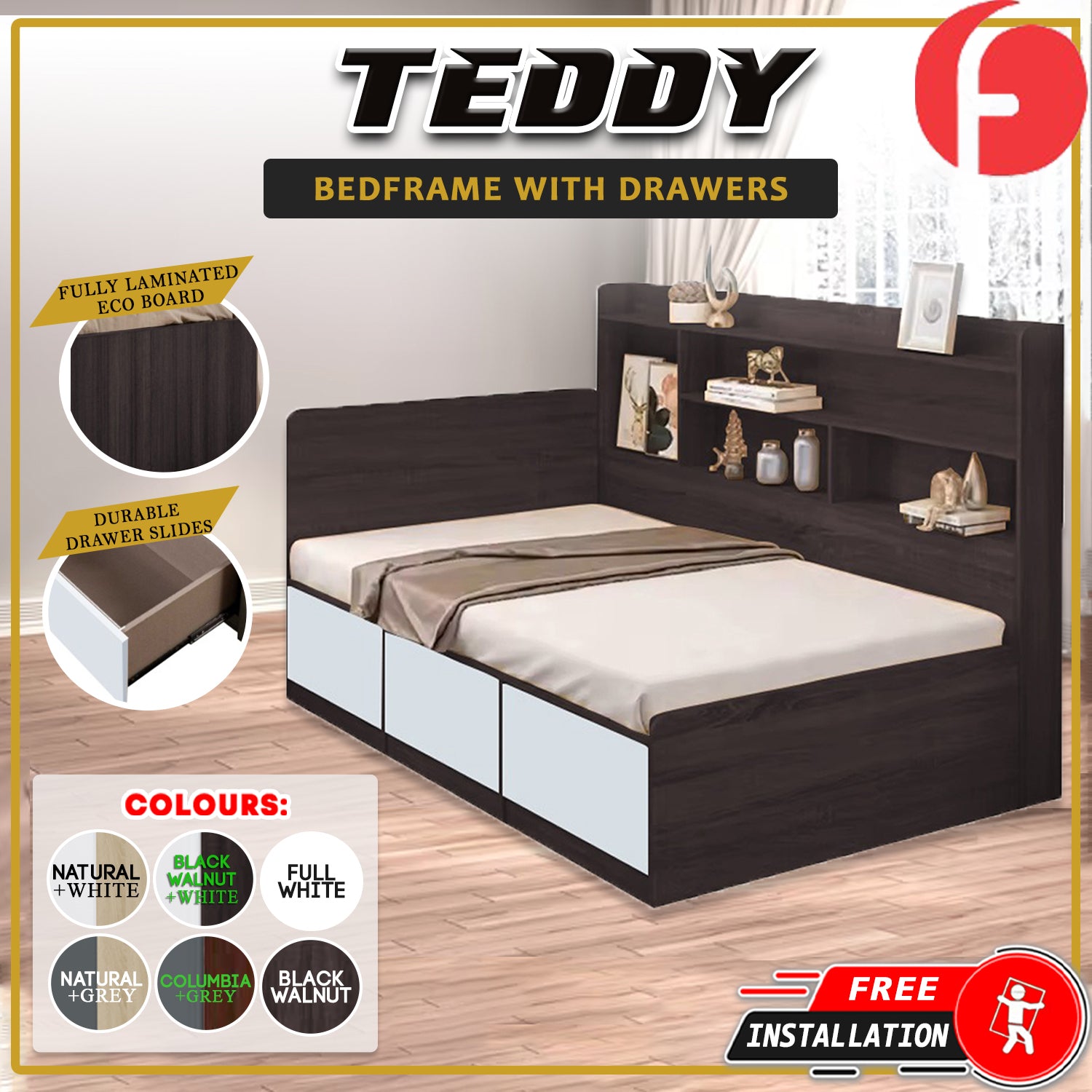 Teddy Storage Bed with Drawers Fully Laminated Eco Board All Sizes w/ Mattress Options