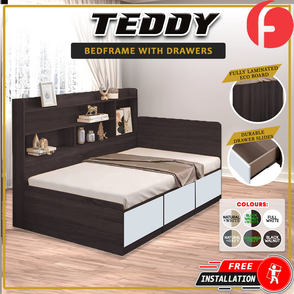 Teddy Storage Bed with Drawers Fully Laminated Eco Board All Sizes w/ Mattress Options