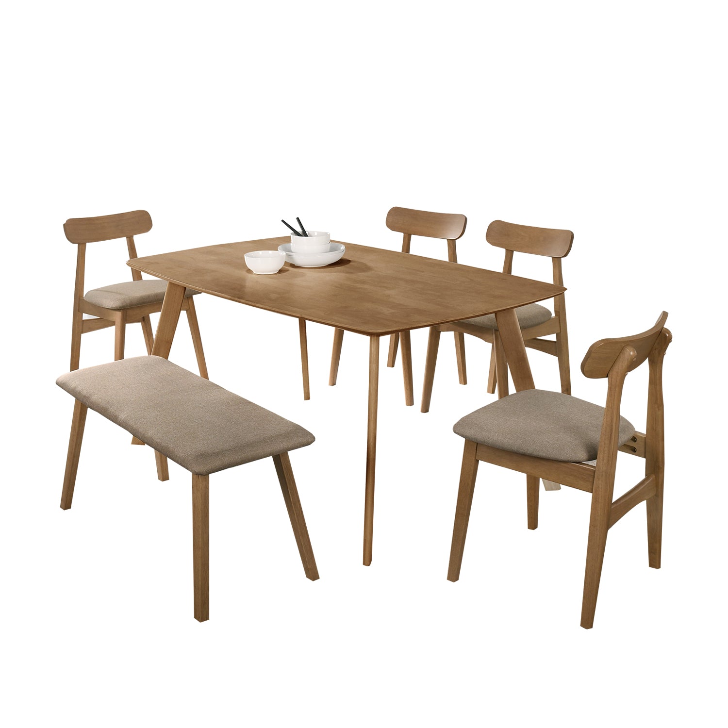 Fenza 4/6 Seater Nordic Dining Set w/ Table, Chair & Bench Solid Rubber Wood in 3 Colours