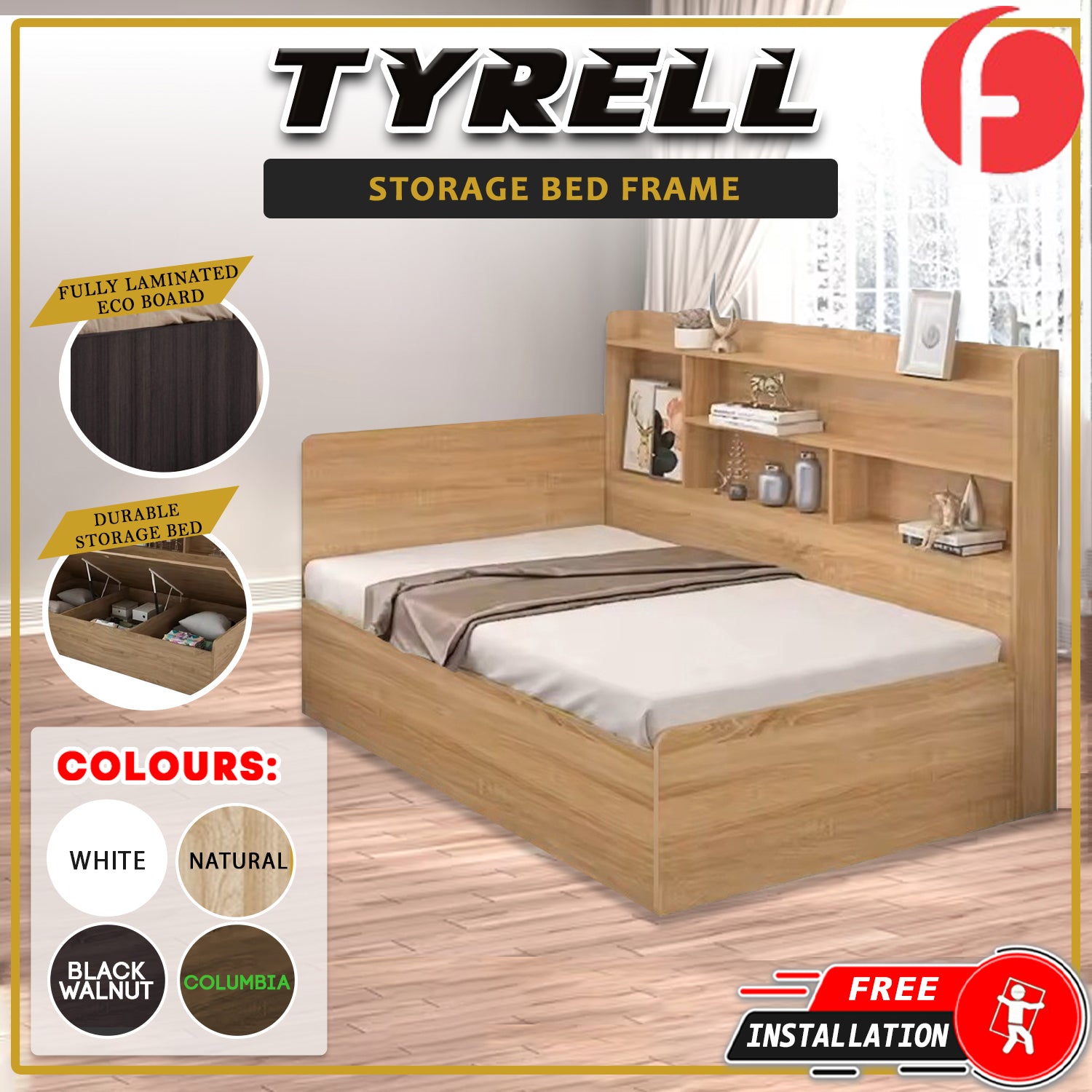 Tyrell Storage Bed / Fully Laminated Eco Board in 4 Colour - w/ Mattress Option