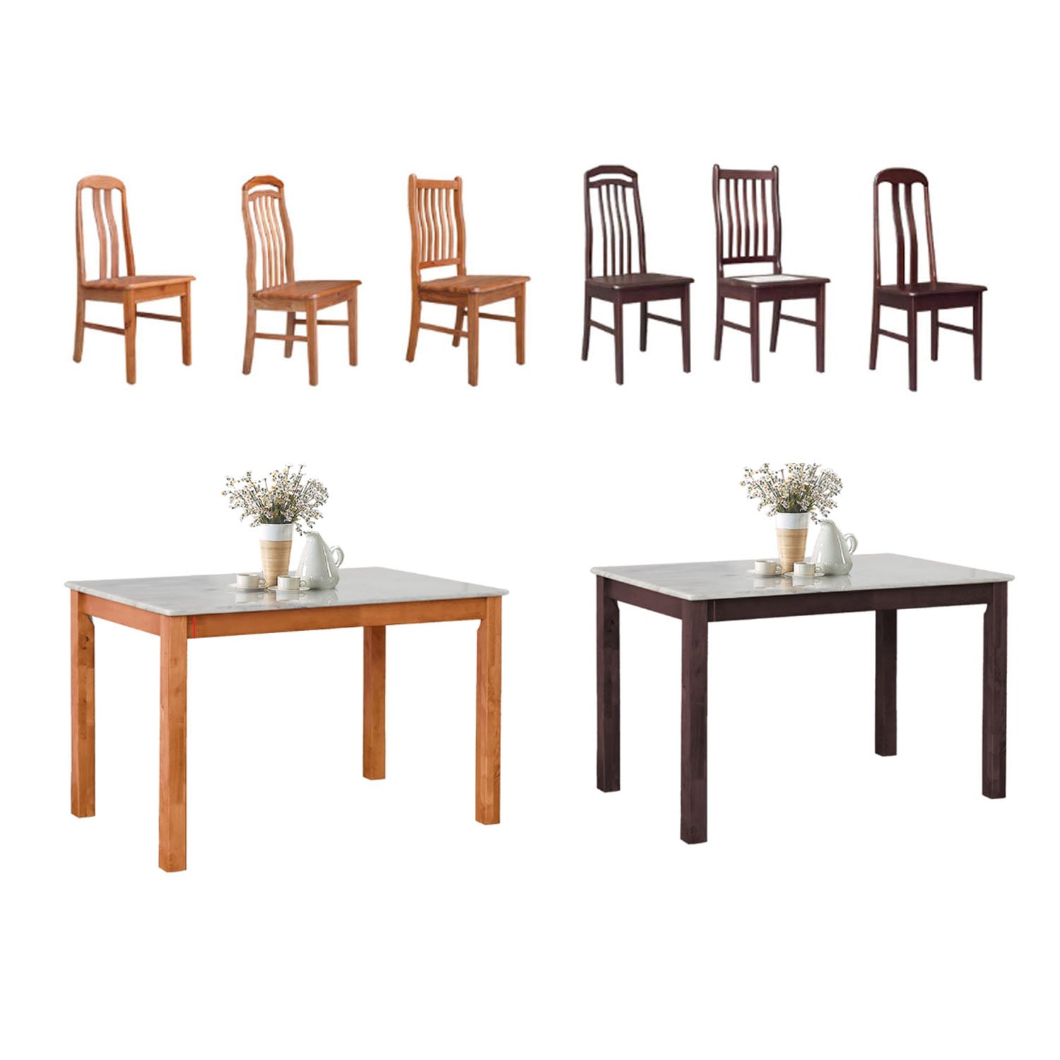 Jaime Dining Set w/ Table and Chairs 1+4 in Solid Wood Natural Marble Top Cherry/Walnut