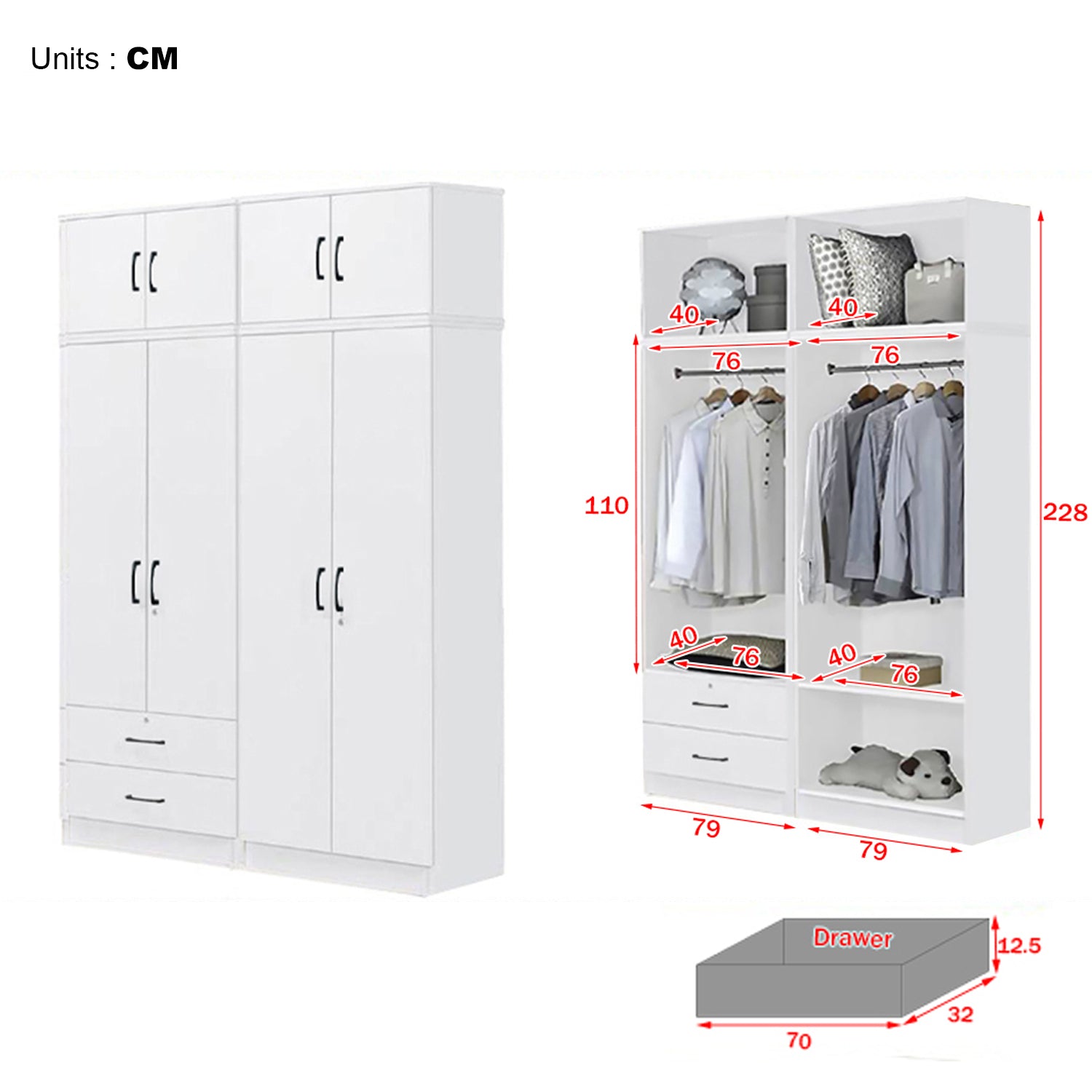 Cyprus Series 4 Door Tall Wardrobe with 4 Drawers and Top Cabinet in Full White Colour