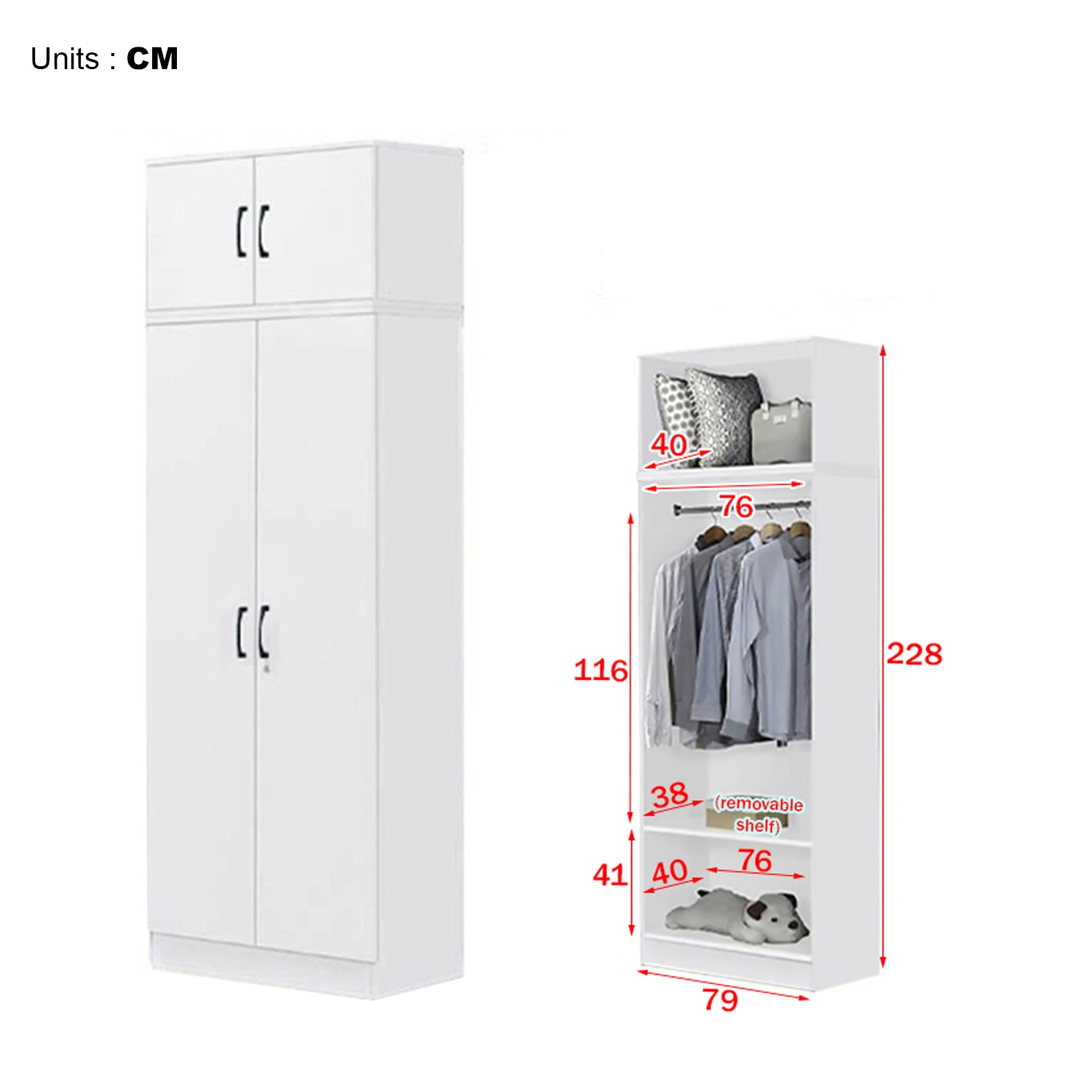 Cyprus Series 2 Door Tall Wardrobe with Top Cabinet in Full White Colour