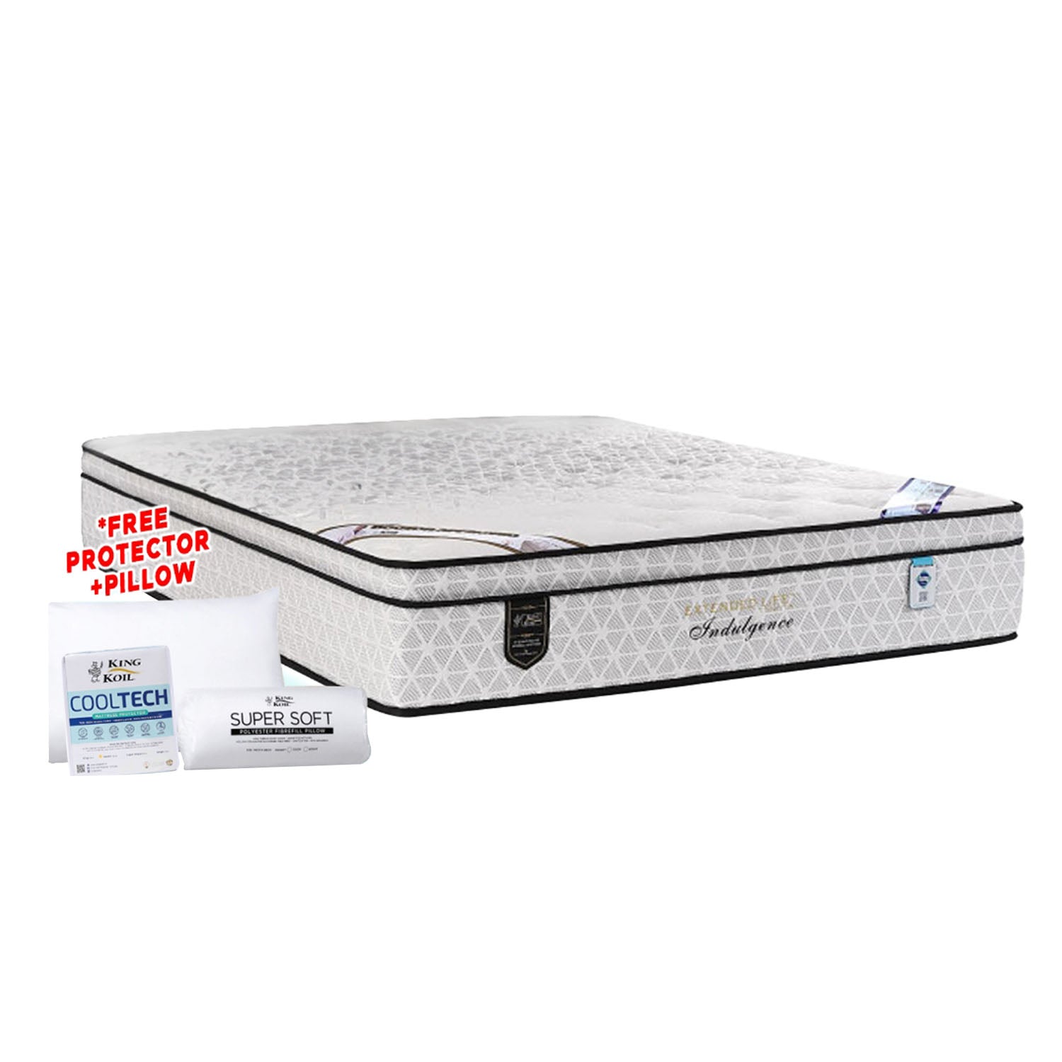 King Koil Indulgence 13.5" Mattress Chiro tech Coil Extended Life Collection - Bundle w/ Pillow - All Sizes