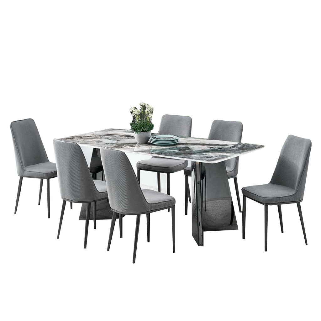 Lyron 1+6 Dining Set Marble Table with PU Leather Chair