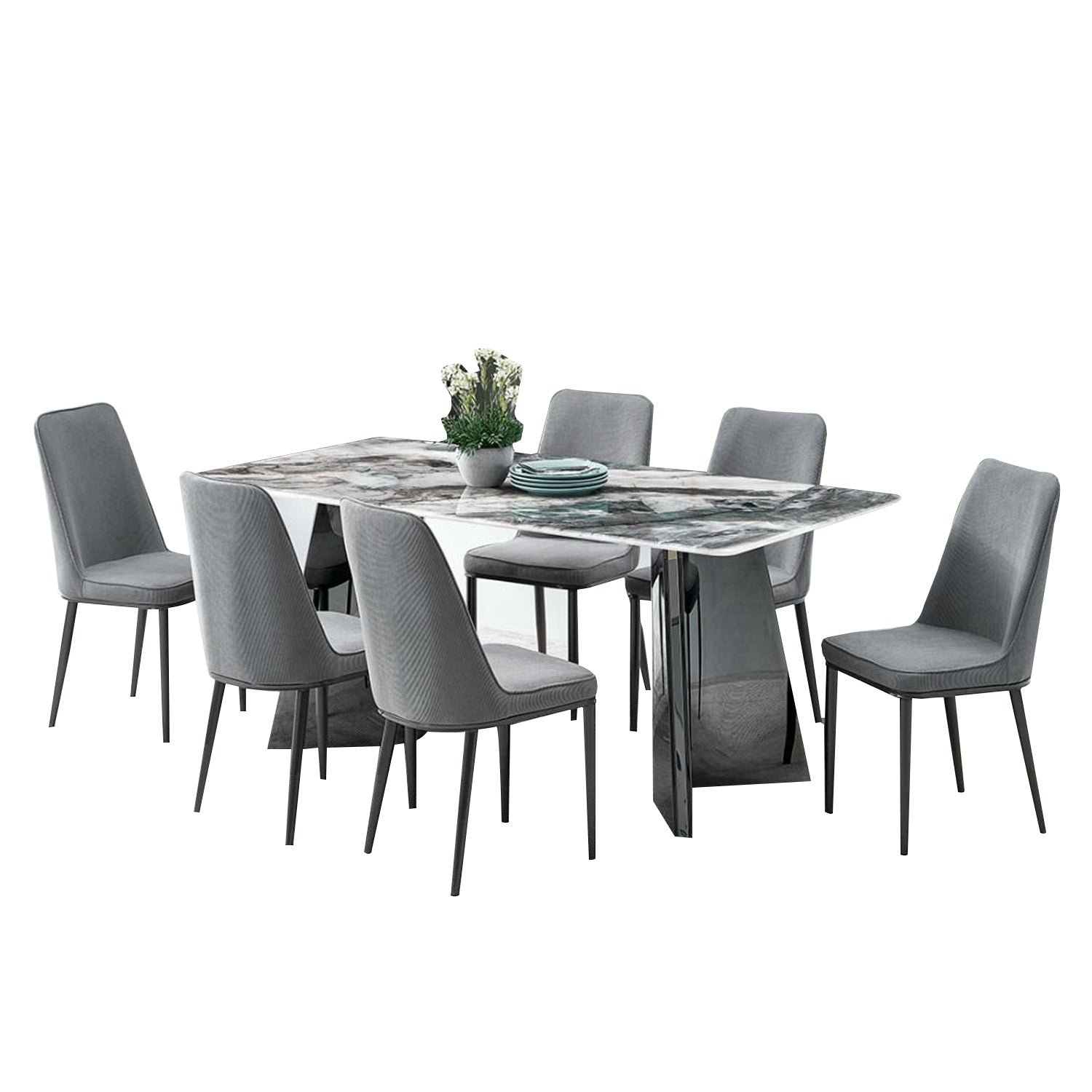 Lyron 1+6 Dining Set Marble Table with PU Leather Chair