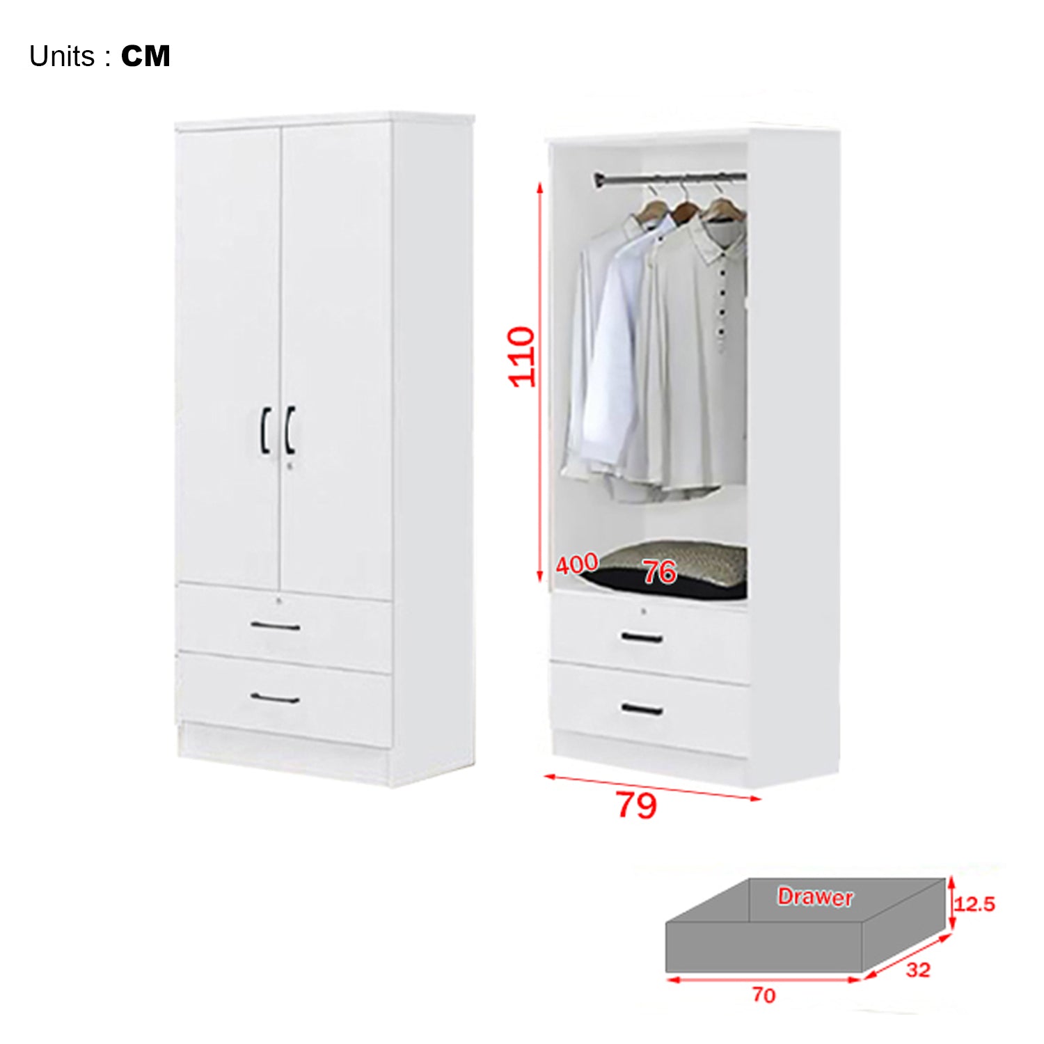 Cyprus Series 2 Door Wardrobe with Drawers in Full White Colour
