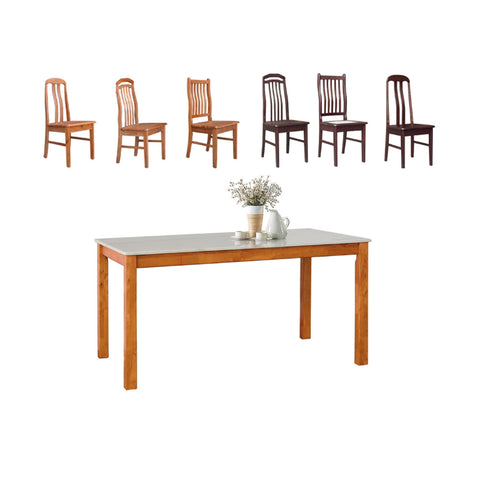 Image of Kamila Dining Set with Table & Chairs 1+6 in Solid Wood Natural Marble Top Cherry/Walnut