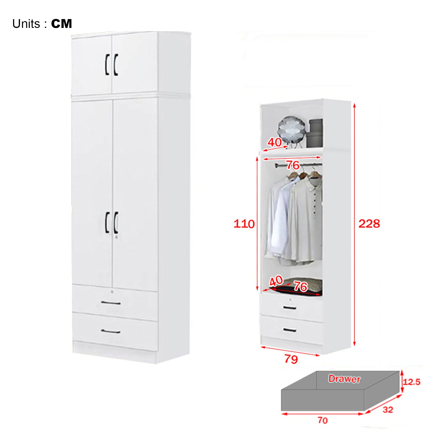 Cyprus Series 2 Door Wardrobe with Drawers and Top Cabinet in Full White Colour