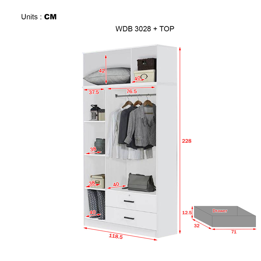 Cyprus Series 3 Door Tall Wardrobe with Drawers and Top Cabinet in Full White Colour