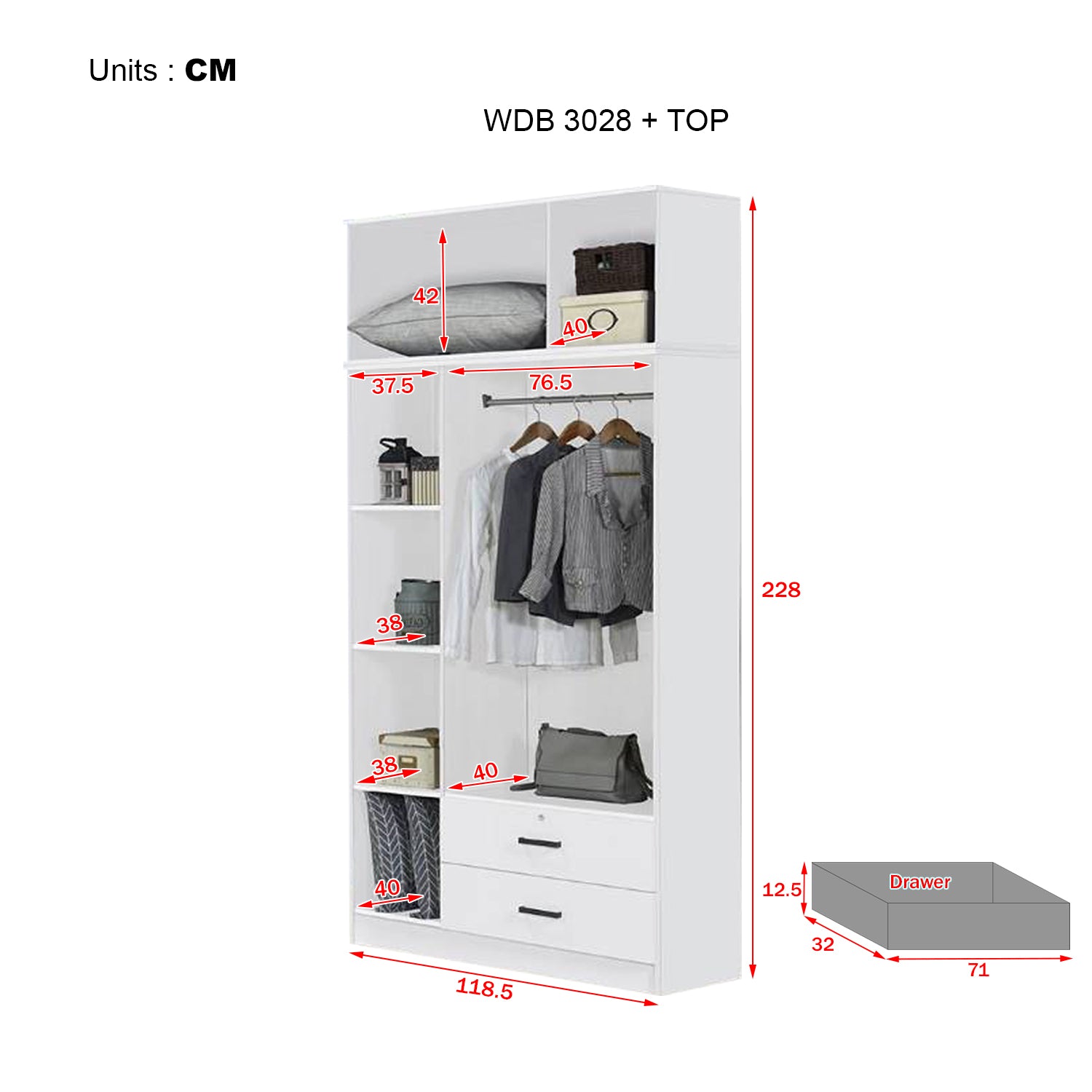 Cyprus Series 3 Door Tall Wardrobe with Drawers and Top Cabinet in Full White Colour