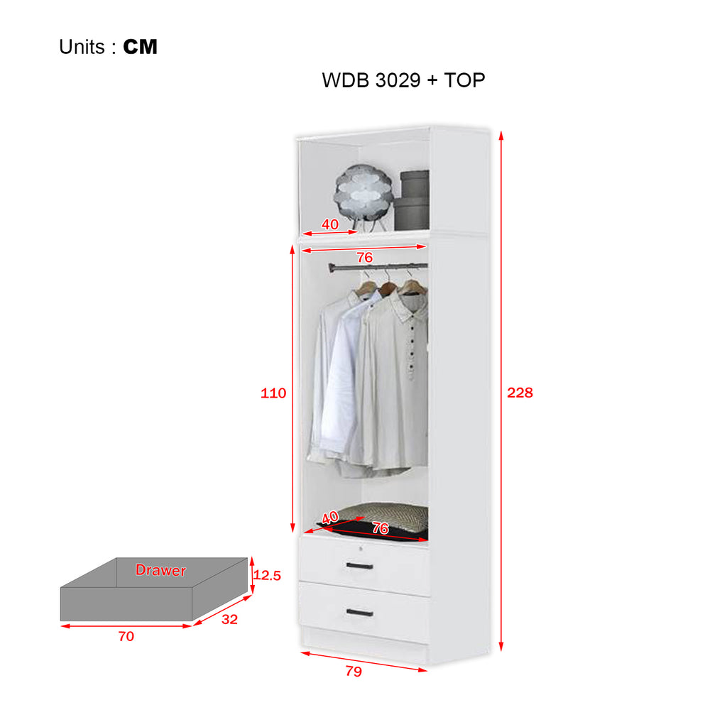 Cyprus Series 2 Door Wardrobe with Drawers and Top Cabinet in Full White Colour