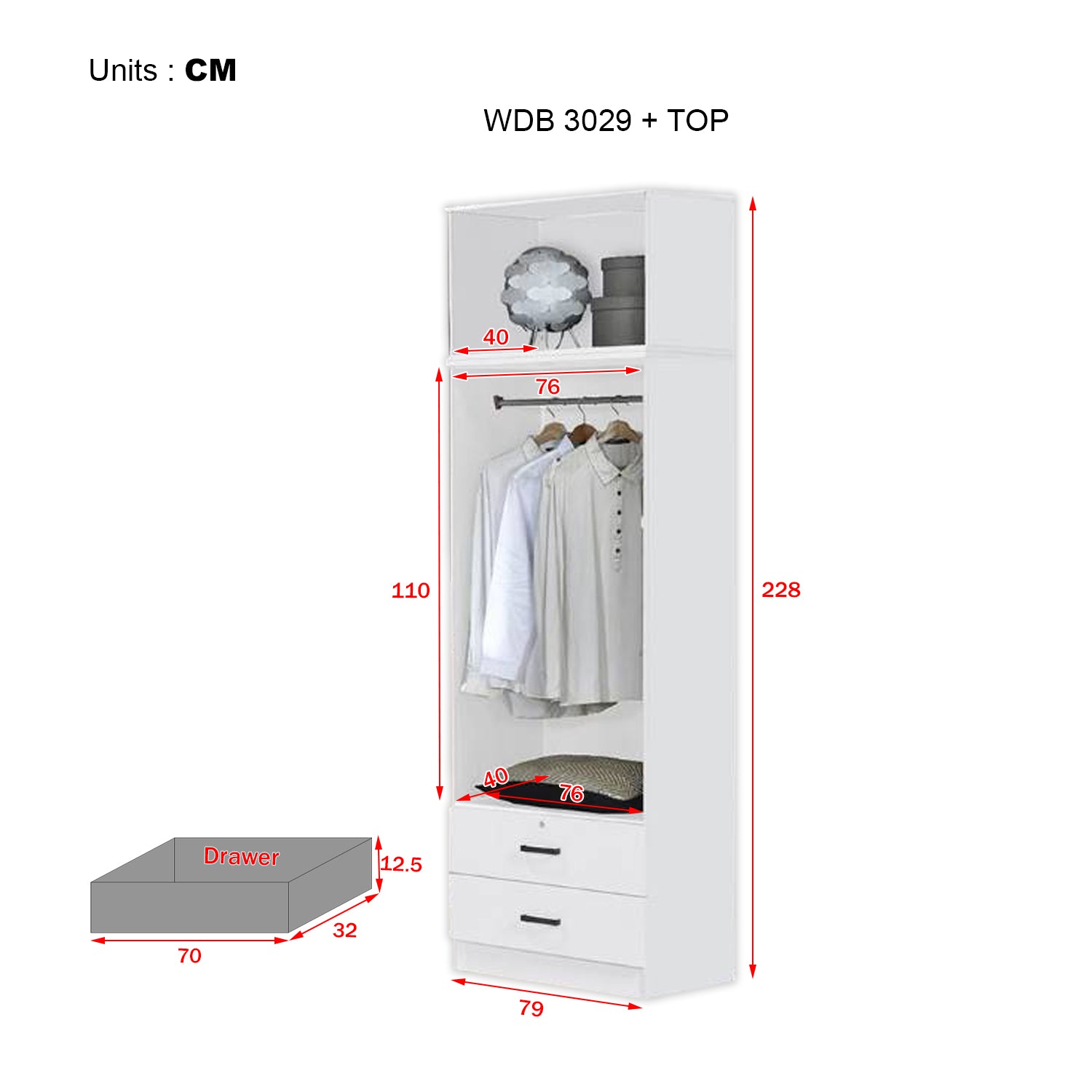 Cyprus Series 2 Door Wardrobe with Drawers and Top Cabinet in Full White Colour