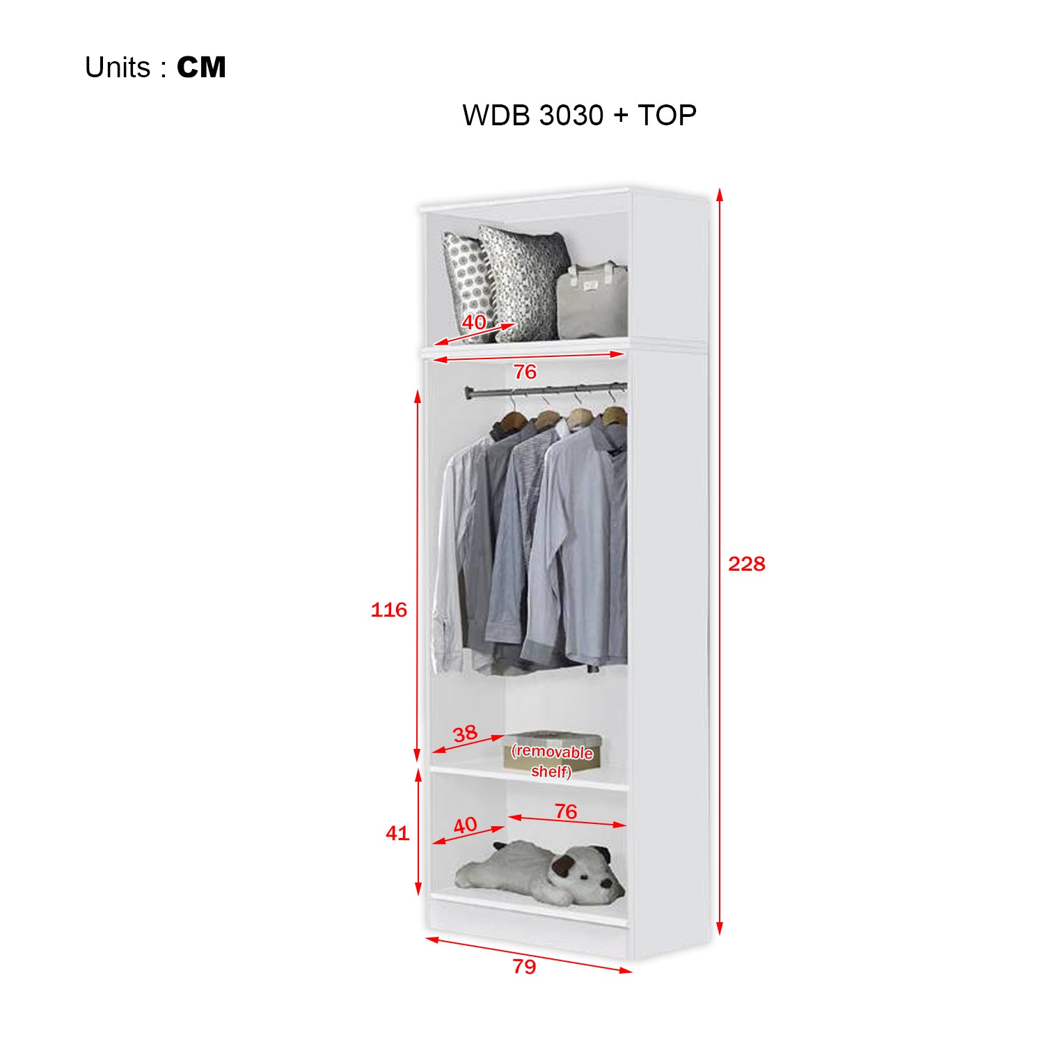Cyprus Series 2 Door Tall Wardrobe with Top Cabinet in Full White Colour